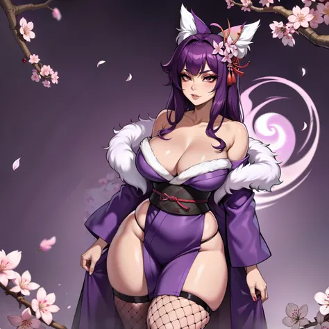 Curvy purple haired 9 tailed kitsune wearing fur lined robe and cherry blossom kimono, wearing thigh high fishnets (ALONE)(SOLO), alone, solo