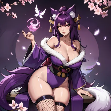 Curvy purple haired 9 tailed kitsune wearing fur lined robe and cherry blossom kimono, wearing thigh high fishnets (ALONE)(SOLO), alone, solo