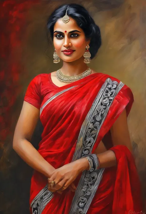 (Red saree,  black necktie), tie Hair Hair, black  hair, very detail, ((tmasterpiece, great quality)), a 1girl,, close up face, bust, south Indian young girl face, big boobs, sexy hip, wide hip,