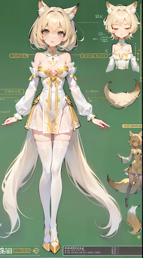 1个Giant Breast Girl，eye closeds，Gold stockings，No shoulder strap，Translucent dress，exposing thighs，White sleeves，nabel，cropped shoulders，Fox ears，Very flat chest，Stand up，coiffed blonde hair，long whitr hair，Whole body diagram