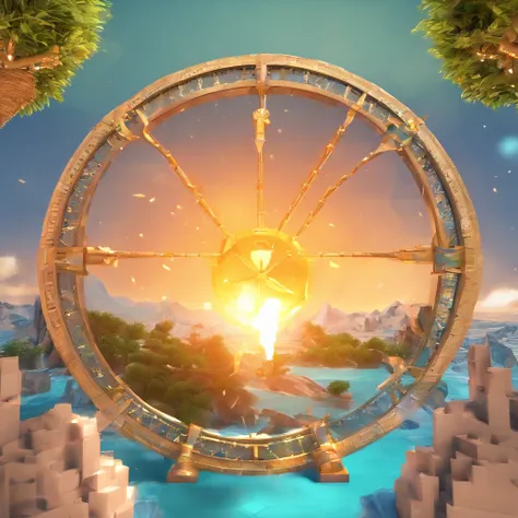 The wheel of fortune is in the middle，There is a water element in the upper left corner，There is an earth element in the lower left corner，There is a wind element in the upper right corner，There is a fire element in the lower right corner，