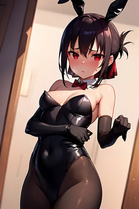 NSFW, masterpiece, standing insanely hot (woman 1) using sexy ((bunny suit)), (((cute pose)), (thin thigths), (fear expression), blushed face, red eyes,  black hair, very small boobs, hair tied with a red ribon, panties, ((((no bangs))))