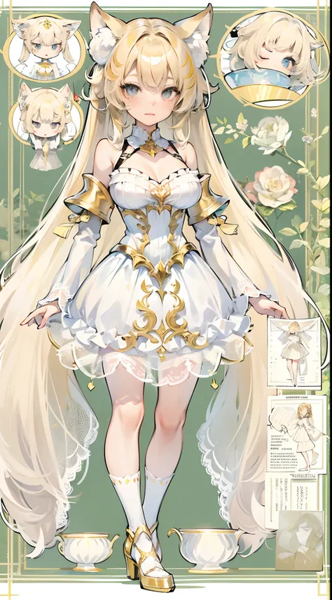 1个Giant Breast Girl，Gold stockings，No shoulder strap，Translucent dress，Exposing thighs，White sleeves，nabel，cropped shoulders，Fox ears，Very flat chest，Stand up，coiffed blonde hair，long whitr hair，Whole body diagram