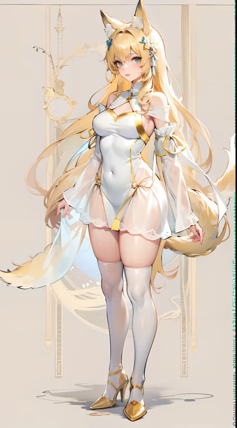 1个Giant Breast Girl，Gold stockings，No shoulder strap，Translucent dress，Exposing thighs，White sleeves，nabel，cropped shoulders，Fox ears，Very flat chest，Stand up，coiffed blonde hair，long whitr hair，Whole body diagram