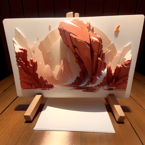 (Masterpiece, High quality, Best quality, offcial art, Beauty and aesthetics: 1.2), A milk tea cup with, Surrounded by red rocks, Splash spray, (Chinese landscape paper carving, Chinese landscape painting of the Song Dynasty: 1.2), (Surrealist dream style)...