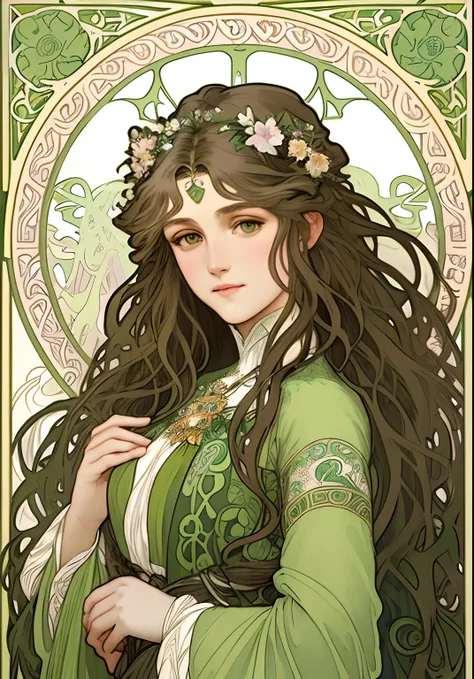 Portrait of a wild princess，Has wild hair and a confident gaze, Art Nouveau by Alphonse Mucha, Use a pastel palette of green and brown, Features decorative elements such as flowers, vines, and a swirling pattern that highlights the princesss elegance and f...