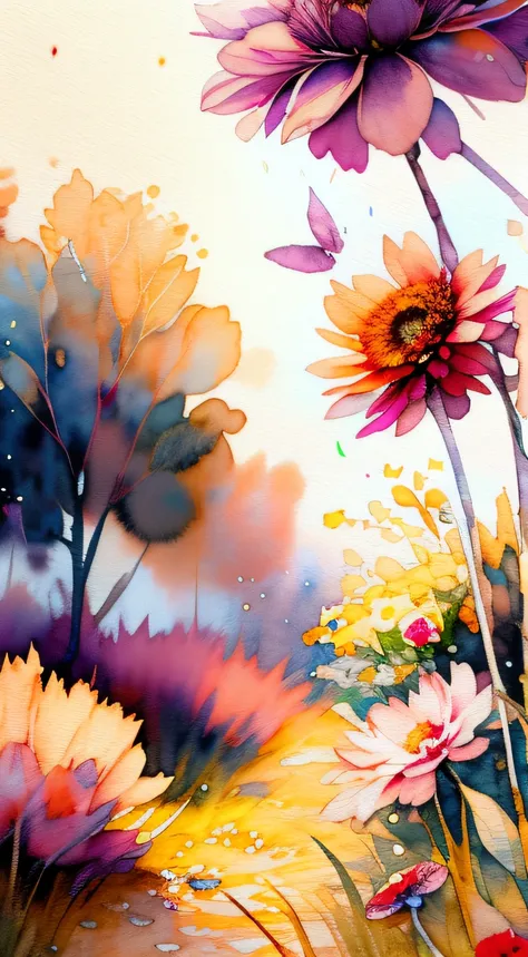 wtrcolor style, (flower garden) digital art, official art, blown by the wind, masterpiece, beautiful, ((watercolor)), paint splatter, intricate detail. Great detail, [dripping:0.7], Trending on Artstation, Rachel Walker, wall paper