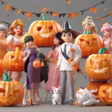 Japan people enjoying Halloween party by Pop Mart and 3 people in their 20s, Bright eyes, Cherub,Little white dress, clay, modeled, blind box toy, Glossy and delicate,clean back ground, Good luster, 3D rendering of a,Best Quality