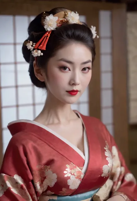 (((Elegant sexy kimono red in Japan tradition. Film TV Portrait Theme Antique Edo period.Great Olympiad.12 uniforms.concubine. Bare shoulder))), (Layered kimono:1.3).Sitting in the hall. Edo Castle. Night view_mix4, 20d,A hyper-realistic:1.37),(Sony_A1.SEL...