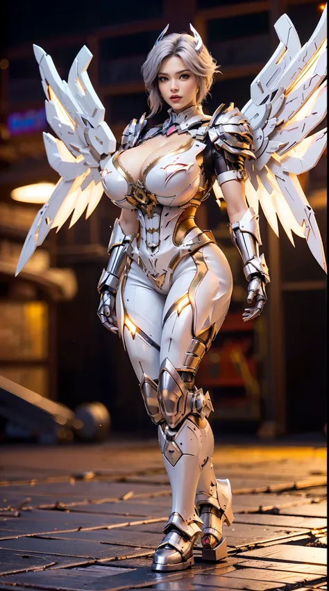 (DRAGON HEAD), (BUSTY HUGE FAKE BOOBS), (BEAUTIFUL FACE), (WHITE:1, BLACK:0.8, RGB:1.2), (PHOENIX ARMORED MECHA GEAR), (((A PAIR LARGEST OF MECHA WINGS))), (SKINTIGHT MECHA PANTS), (CLEAVAGE), (SEXY LEGS), (LOOKING AT VIEWER), (FULL BODY), ((STANDING)), (S...