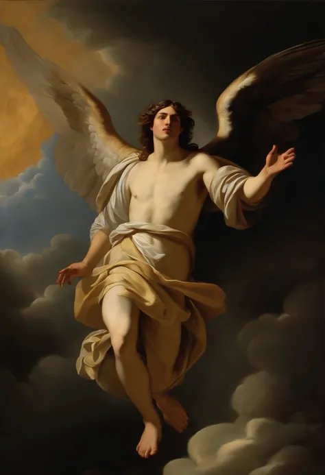 pintura a oleo, angel man descending from heaven to meet people, breathtaking masterpiece, Vivid, ornado, Caravaggio, 8k