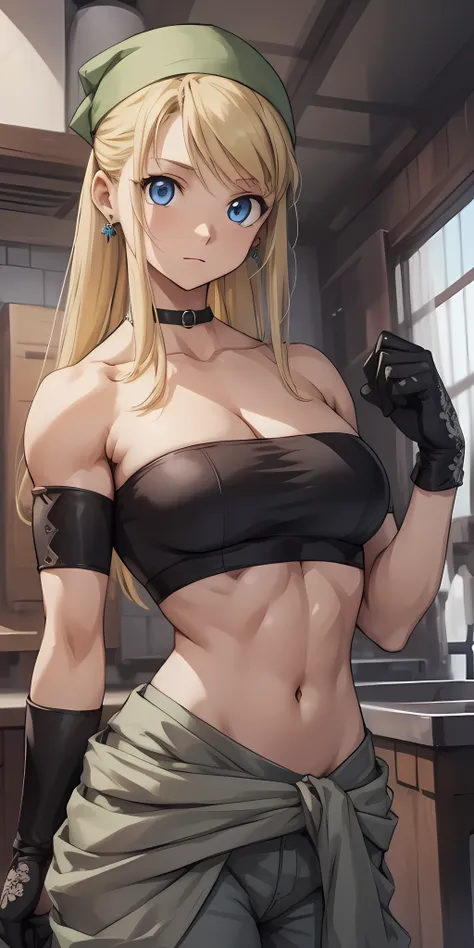 winryrockbell, winry rockbell, blue eyes, blonde hair, break gloves, navel, cleavage, (gigantic breasts: 1.4), bare shoulders, c...