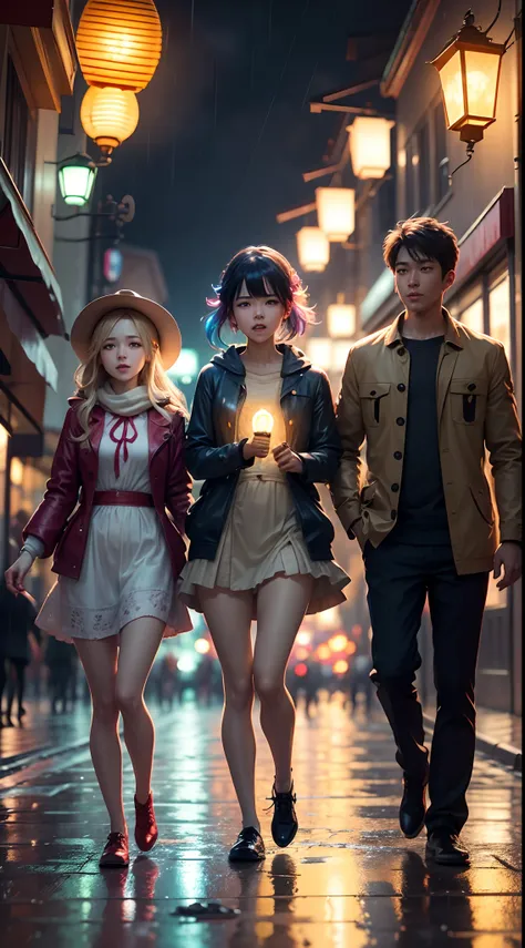 group of 3 people dancing in the rain, nice face, anime style, holding a star-shaped lantern in his hand, colorful lights on the...