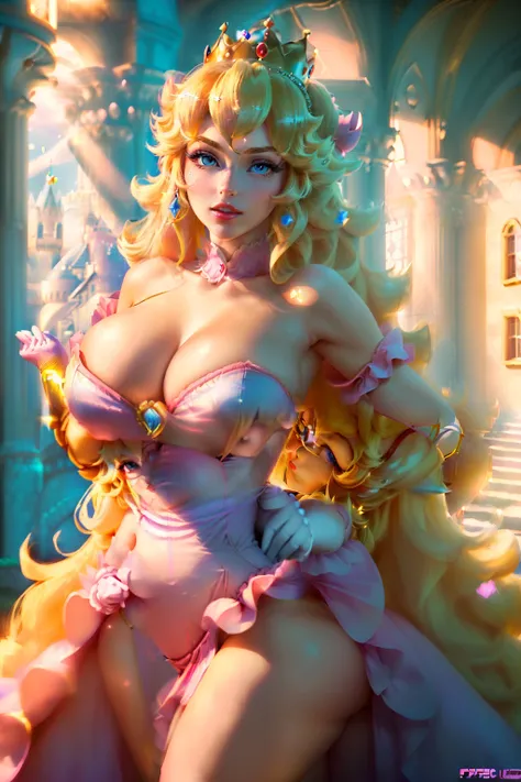 ((1girl, Princess peach from super mario bros series)) (beautiful face)(big glowing blue eyes)(red lips) (long blonde hair) ((big breasts) (perfect slim body) (wears pink dress, gold crown, long white gloves) (posing inside castle) (high definition, amazin...