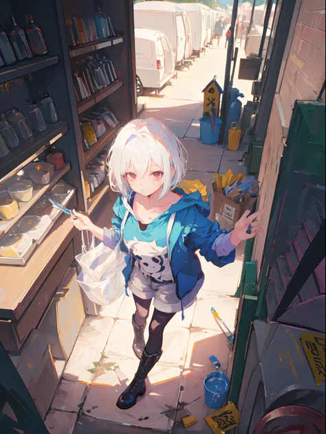 1girl, short blue hair, red eyes, wearing shirt dirty with paint, artists shorts, leather high heel shoes boots, black pantyhose, shes drawing, she is messed up, high top view angle, shes serius looking at the drawing canvas, show almost the whole body, sh...