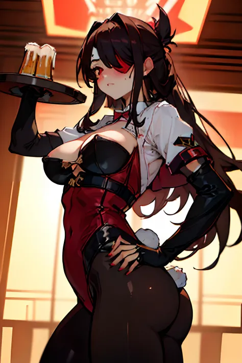 NSFW, masterpiece, standing insanely hot (woman 1) using sexy ((bunny suit)), (((cute pose)), (thin thigths), (fear expression), blushed face, red eyes,  brown hair, very big boobs, from below, eye patch, medival tabern, beer, waitress