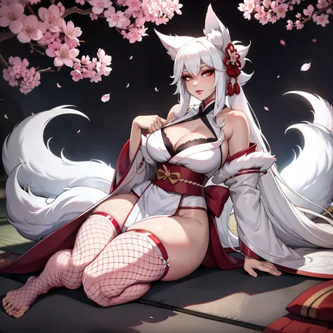 Curvy white haired 9 tailed kitsune wearing fur lined robe and cherry blossom kimono, wearing thigh high fishnets (ALONE)(SOLO), alone, solo