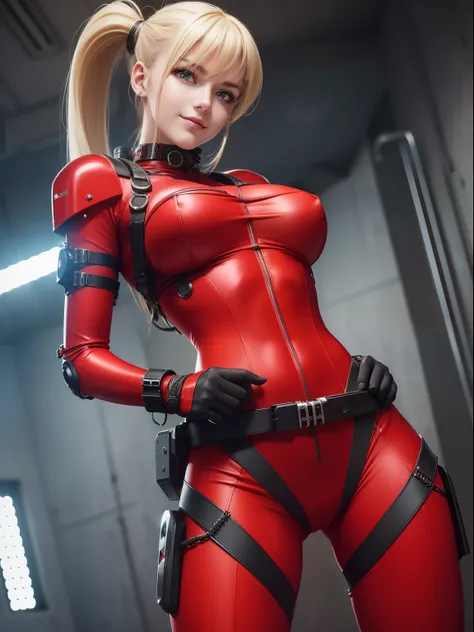 hero, A smile, 18year old, ((top-quality)), ((​masterpiece)), (high-detail:1.3), Beautiful fece (cyberpunked:1.3), ((Stylish woman in red bondage suit)), large full breasts, Slim waist, big butts, (Nordic beauty), Belt under the waist, superfine illustrati...