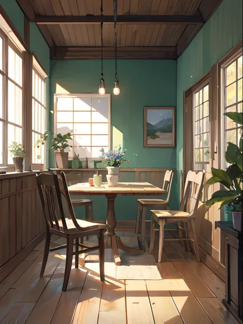 巨作, Ultra-clear picture, High detail, 8K, country cabin, painting of a courtyard with a table and chairs and potted plants, In Studio Ghibli style,Smooth concept art,beautiful anime scenes, Relaxing concept art, studio ghibli painterly style,