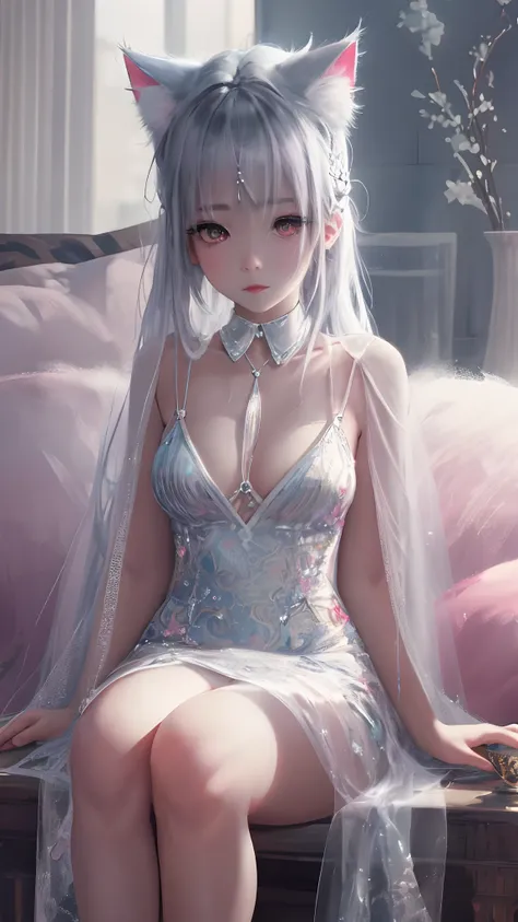 Best Quality, One Girl, Warm Lighting, Silver Hair on the Top of the Head and Pink at the Tips, Cute, Anime, Sheer White Skin, Asian Girl, Full Body, Sensual, Gentle Eyes, Cat Ears, Animation, Fantasy, Seductive, Shy Face, 14 Years Old, Frightened, White D...