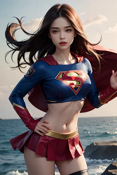 1 girl, solo, long hair, crop top, supergirl, superhero landing, half blood girl