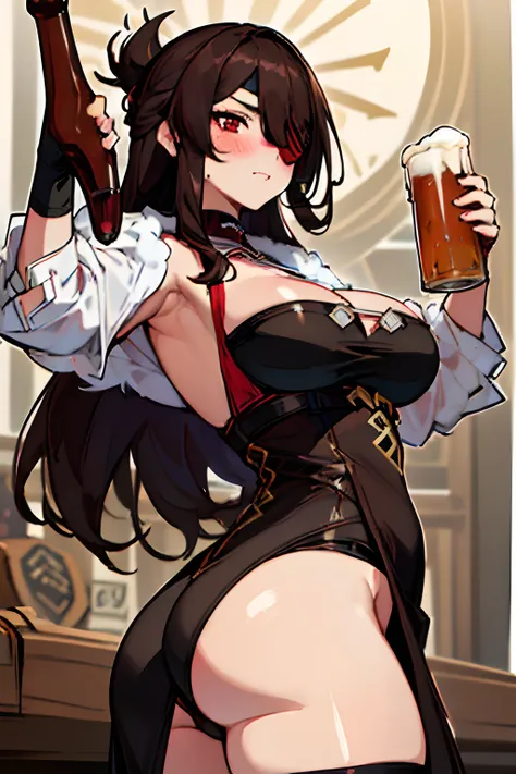 NSFW, masterpiece, standing insanely hot (woman 1) using sexy, (((cute pose)), (thick thigths), (fear expression), blushed face, red eyes,  brown hair, very big boobs, from below, eye patch, medival tavern, beer, gigantic ass