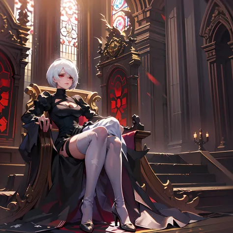 Yorha 2b, white hair, resting majestically on a golden throne, His gaze, firm and determined, travels through the grandeur of the throne room, where the light filtered through the tall windows highlights the elegance of the intricate details on the walls. ...