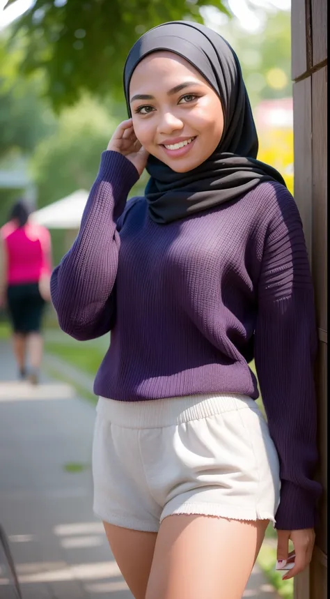 Malay girl in hijab wear big white sweater and shorts, in college, wear back pack, front view, detail skin, detail skin texture, mole below eyes, small breast, big hip, big waist, big thigh, slim abs, beautiful body, nighttime, laughing, happy, bright ligh...