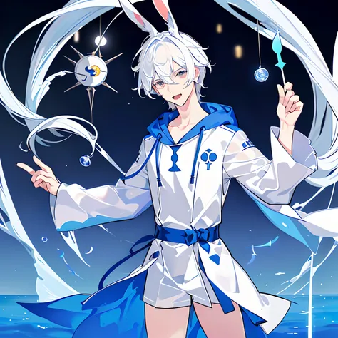 Boy with rabbit ears and medium hair length. Hair as white as ears and eyelashes. Albino. The skin is pale, The eyes are gray-light, like the color of the moon. Wears clothes in the shape of a swimsuit. The chest is ajar, And a raincoat is fastened on the ...