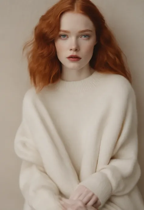 arafed woman with red hair and a white sweater covering her mouth, sadie sink, soft portrait shot 8 k, ellie bamber, ivory pale skin, monia merlo, with pale skin, pale-skinned, pale - skinned, ellie bamber fairy, pale glowing skin, very very very pale skin...