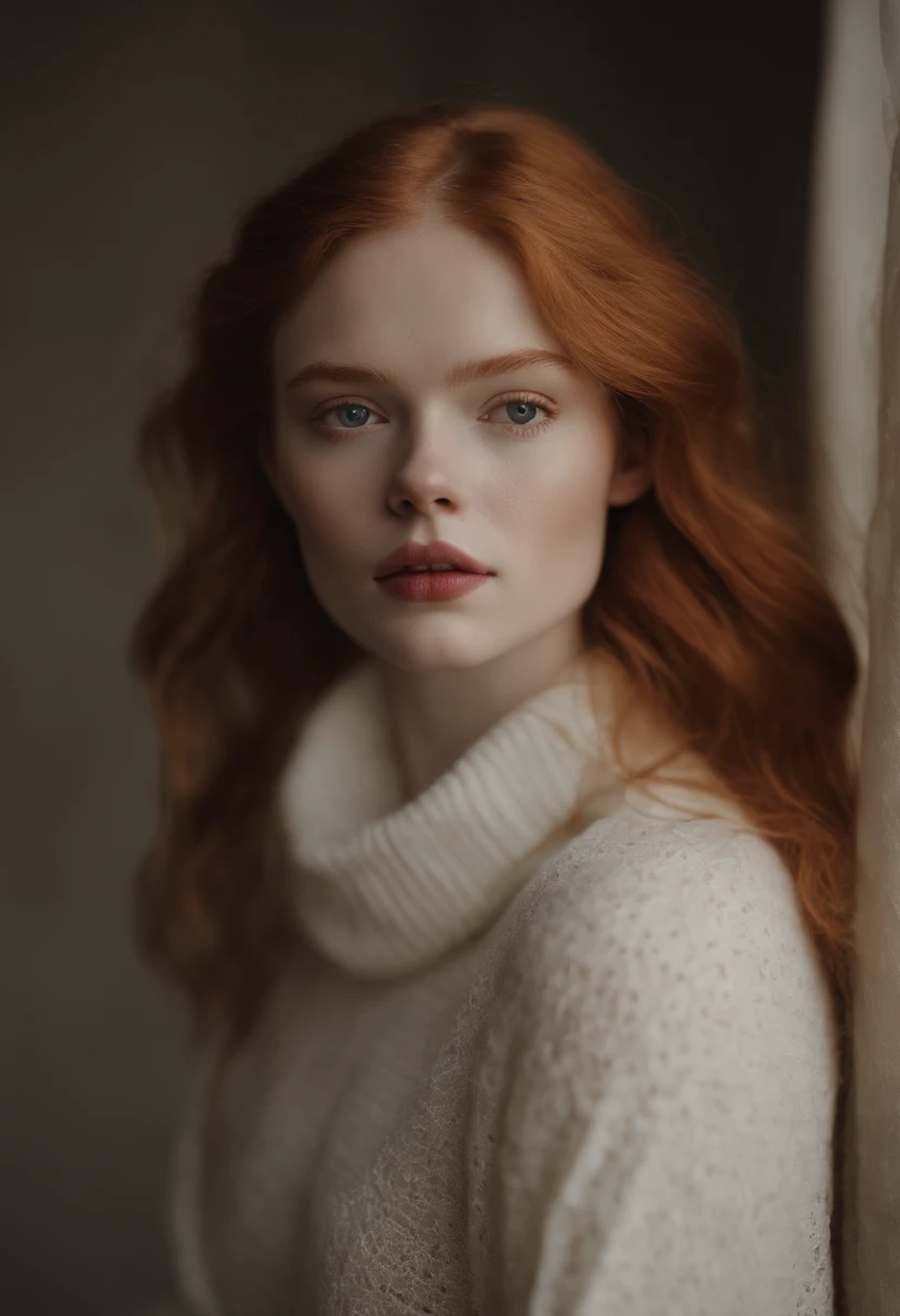 arafed woman with red hair and a white sweater covering her mouth, sadie sink, soft portrait shot 8 k, ellie bamber, ivory pale skin, monia merlo, with pale skin, pale-skinned, pale - skinned, ellie bamber fairy, pale glowing skin, very very very pale skin...