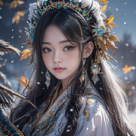 32K（tmasterpiece，k hd，hyper HD，32K）Long flowing black hair，Yellowstone，Tongzhou girl ，Snow Ice Flower Water Bottle Protector（realisticlying：1.4），Flame dragon pattern robe，Purple-pink tiara，The leaves flutter，The canyon background is pure，Hold your head hig...