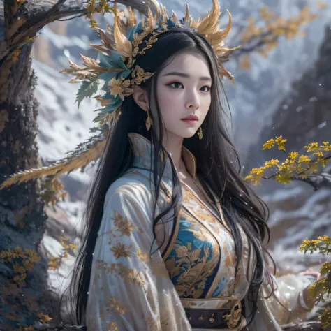 32K（tmasterpiece，k hd，hyper HD，32K）Long flowing black hair，Yellowstone，Tongzhou girl ，Snow Ice Flower Water Bottle Protector（realisticlying：1.4），Flame dragon pattern robe，Purple-pink tiara，The leaves flutter，The canyon background is pure，Hold your head hig...