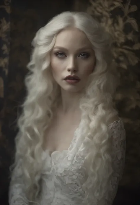 there are two women dressed in white with long hair, white skin and reflective eyes, natalie shau, portrait of albino mystic, with long white hair, albino white pale skin, with white long hair, inspired by Ignacy Witkiewicz, natalie shau tom bagshaw, inspi...