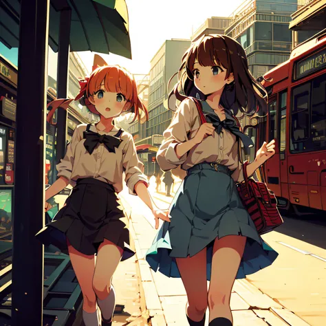 2 girls　student clothes　Town　buses　a person々　natta　Dramatic lights　Matte texture　pixiv style　cel anime