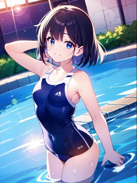 in 8K、top-quality、​masterpiece、ultra-detailliert、Ultra-high resolution、Anime style、swimming pools、1 girl in、School swim wear、a short bob、A smile、wetting hair、lensflare