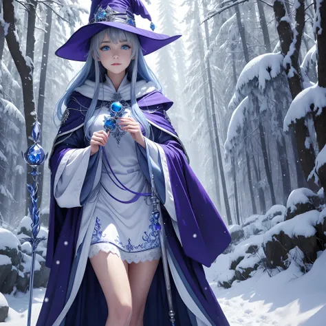 1girl, humanoid witch, blue and white robe, blue and white hat, silver ornaments, magical staff, purple colored right eye, blue colored left eye, snowy forest, fantasy anime style, facial expression