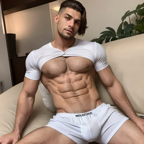 (La mejor calidad,realista),2 Hombres guapos sin camisa, young age of 20 years, masculinos, ojos grises realistas,cabello taper fade color rubio,brazos musculosos, delgado, esbelto, shirtless posing cuddled on the sofa in his room and wearing white boxers ...