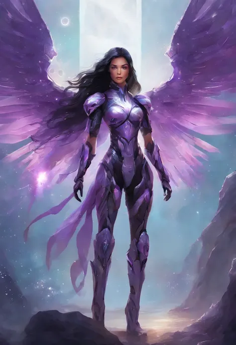 standing, thighs, long hair, black hair, space, robot, perforated robotics wings, purple eyes, purple highlights, grey body, serious