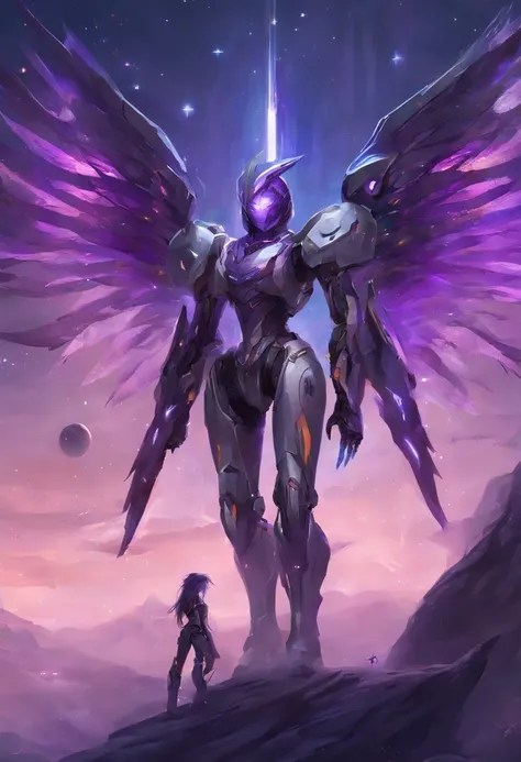 standing, thighs, long hair, black hair, space, robot, perforated robotics wings, purple eyes, purple highlights, grey body, serious