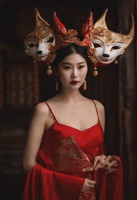 a woman in a red dress holding a mask in her hand, with kitsune mask, wearing a kitsune mask, kitsune mask, kitsune mask on head, inspired by Elsa Bleda, geisha mask, wearing noh theatre mask, wearing a noh theatre mask, broken mask, wearing mask, takato y...