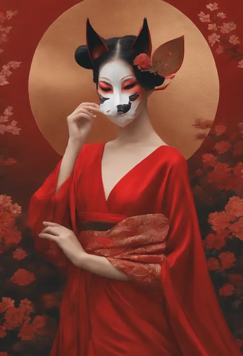 a woman in a red dress holding a mask in her hand, with kitsune mask, wearing a kitsune mask, kitsune mask, kitsune mask on head, inspired by Elsa Bleda, geisha mask, wearing noh theatre mask, wearing a noh theatre mask, broken mask, wearing mask, takato y...