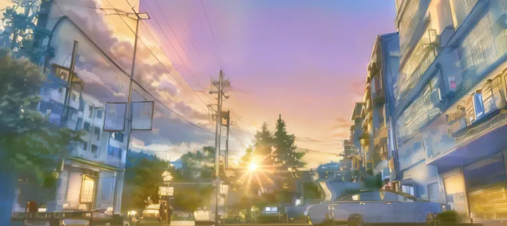 (Best quality,4K,8K,A high resolution,Masterpiece:1.2),anime big breast,Beautiful detail building,Vibrant sunshine,Delicate sky and clouds,Picturesque street view,Japanese architecture