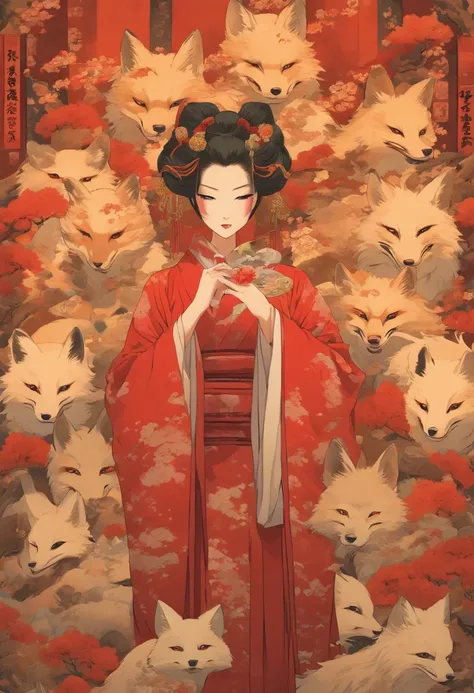 a woman in a red dress holding a mask in her hand, with kitsune mask, wearing a kitsune mask, kitsune mask, kitsune mask on head, inspired by Elsa Bleda, geisha mask, wearing noh theatre mask, wearing a noh theatre mask, broken mask, wearing mask, takato y...