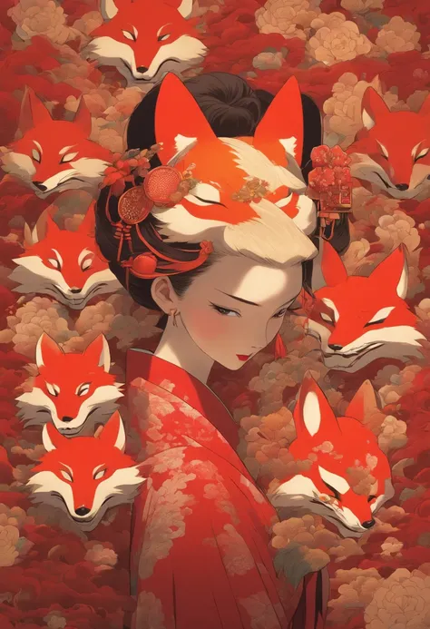 a woman in a red dress holding a mask in her hand, with kitsune mask, wearing a kitsune mask, kitsune mask, kitsune mask on head, inspired by Elsa Bleda, geisha mask, wearing noh theatre mask, wearing a noh theatre mask, broken mask, wearing mask, takato y...