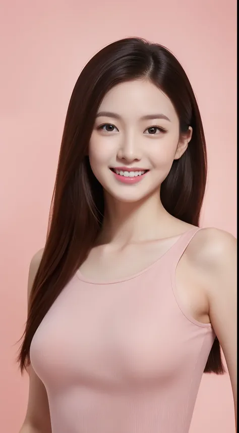 Miss Liu Yi Fei、 Casual Clothes、hiquality、A hyper-realistic、healthy、Smiling expression、Slender perfect figure、Chinese beauties、beautidful eyes、face perfect、Beautiful skin、Pink background