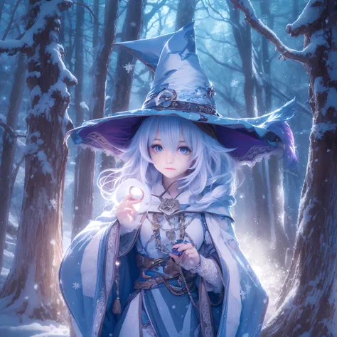 1girl, humanoid witch, blue and white robe, blue and white hat, silver ornaments, magical staff, purple colored right eye, blue colored left eye, snowy forest, fantasy anime style, facial expression