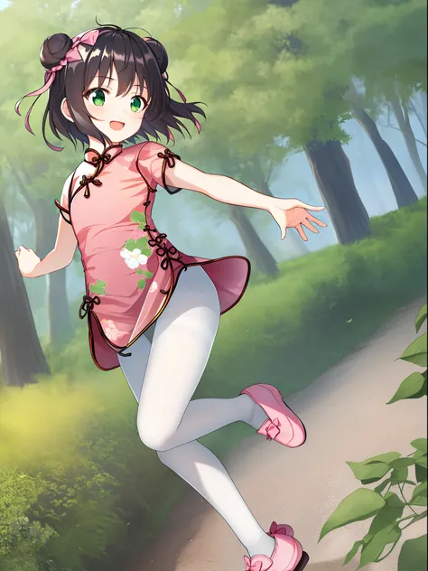 1 girl, solo, masterpiece, highres, ultra details, CG quality, cute loli, full body, (from side:1.2), (black hair:1.3), green eyes, high quality eyes, high quality hands, (twin buns:1.3), (hair ribbons:1.3), (short hair:1.6), (pink short cheongsam:1.6), no...