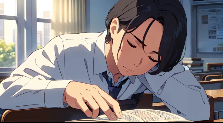 Masterpiece, best quality, (1Man) , (solo), short hair swept to the right, black hair, parted bangs, forehead, closing eyes, sleep, white shirt, blue necktie, sit, (evening scenery), (open window), (classroom), book on table, (close up)