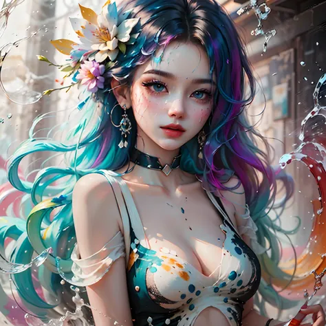 (Level Differences: 1.8),(Paint crashing and splashing on the canvas),(Depth of field),Cute creatures,graceful, Strengths of Bohemian and Modern. Lots of colors and undefined . (Liquid paint rainbow hair:1.1) Made of paint and defy gravity, Bold flow, (pai...